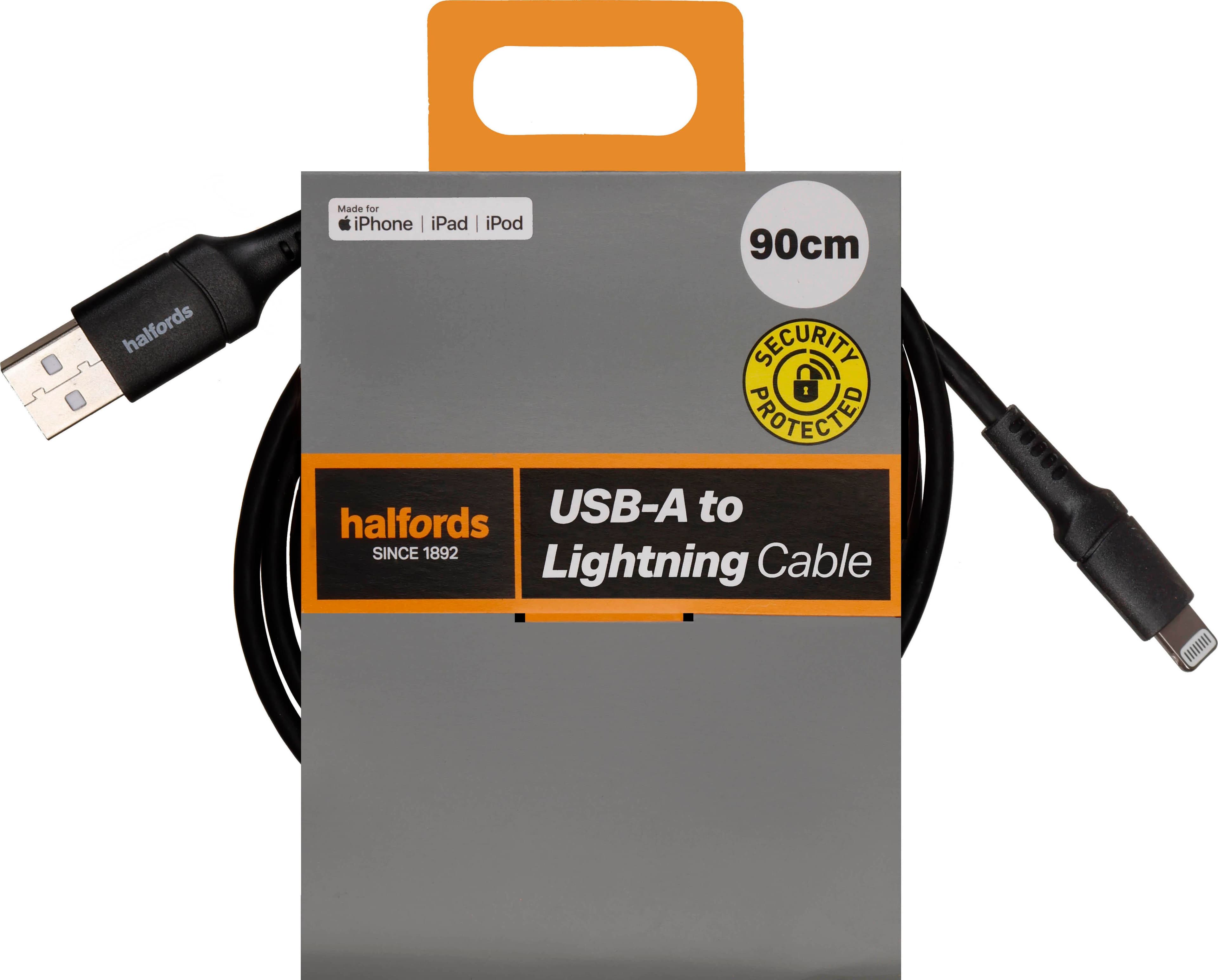 Halfords USB A-Lightning Cable 1.2m Black