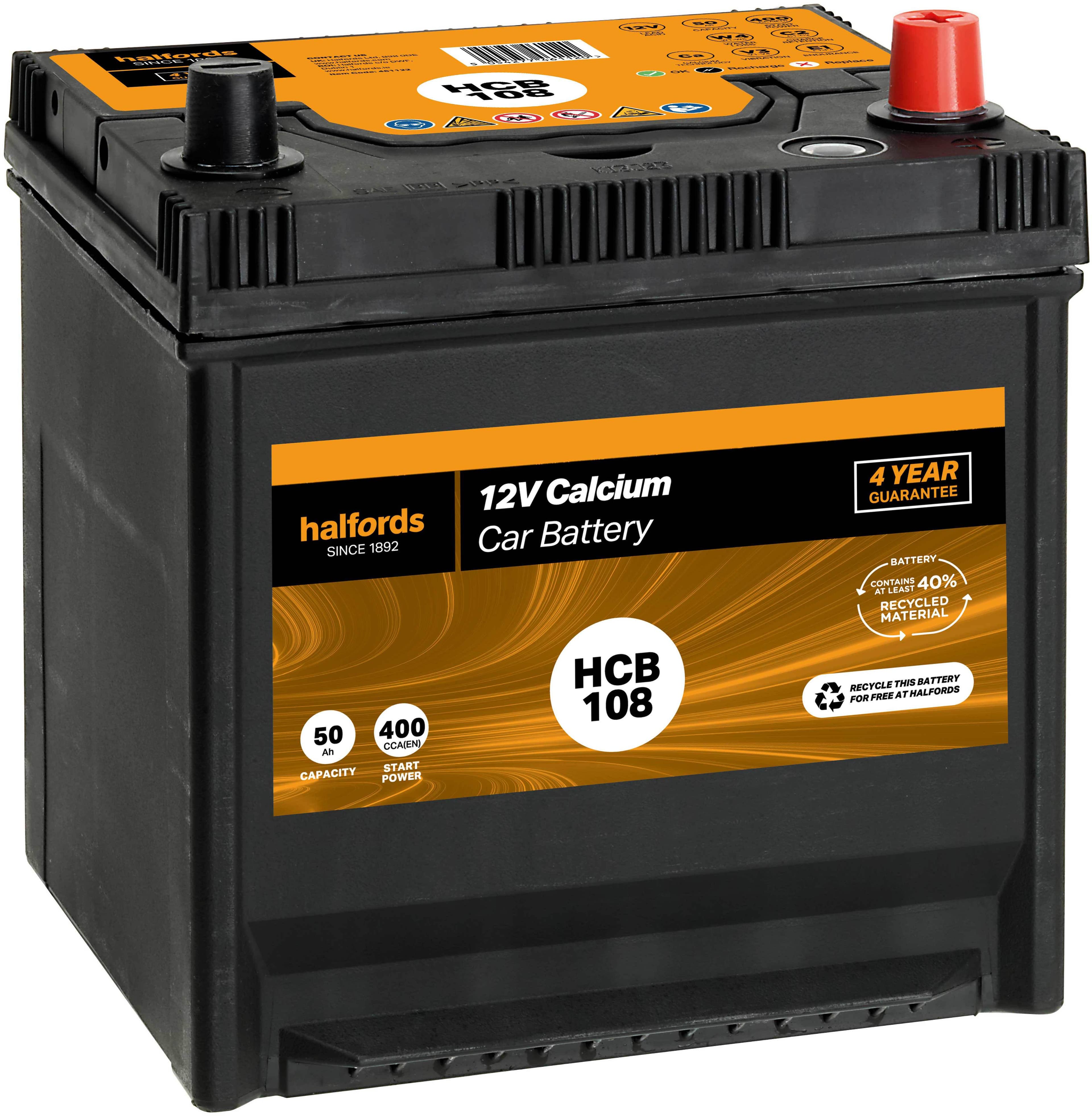 Halfords HCB108 12V Car Battery 4 Year Guarantee