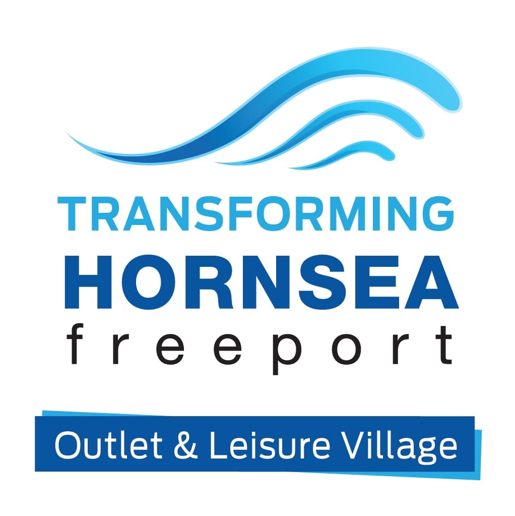 Blue wave logo above "Transforming Hornsea Freeport" text, with "Outlet & Leisure Village" in a blue banner below.