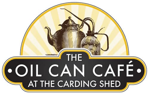Vintage teapot and oil can illustration with "The Oil Can Café" text on a retro-style logo background.