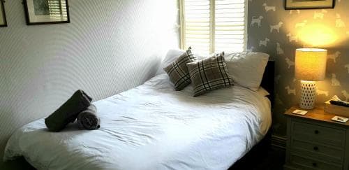 Cozy room at Queen Catherine Hotel, Osmotherley, features a double bed, plaid pillows, soft lighting, and dog-patterned wallpaper.