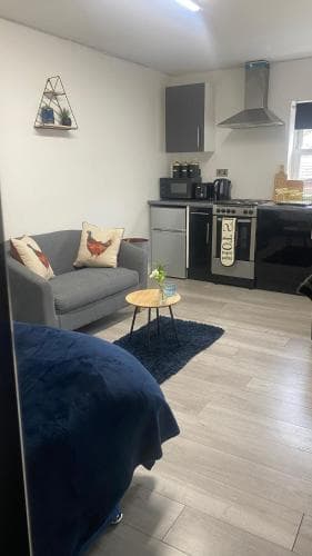 Cozy Huddersfield studio with modern kitchen, gray sofa, rooster-themed pillows, and small round table on wooden floor.