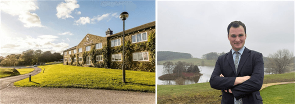 The Coniston Hotel & Spa surrounded by lush greenery, with a man in a suit standing by a serene lake in Yorkshire.