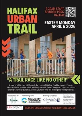 Runners in vibrant gear pass historic buildings in Halifax, with banners promoting the unique urban trail race.