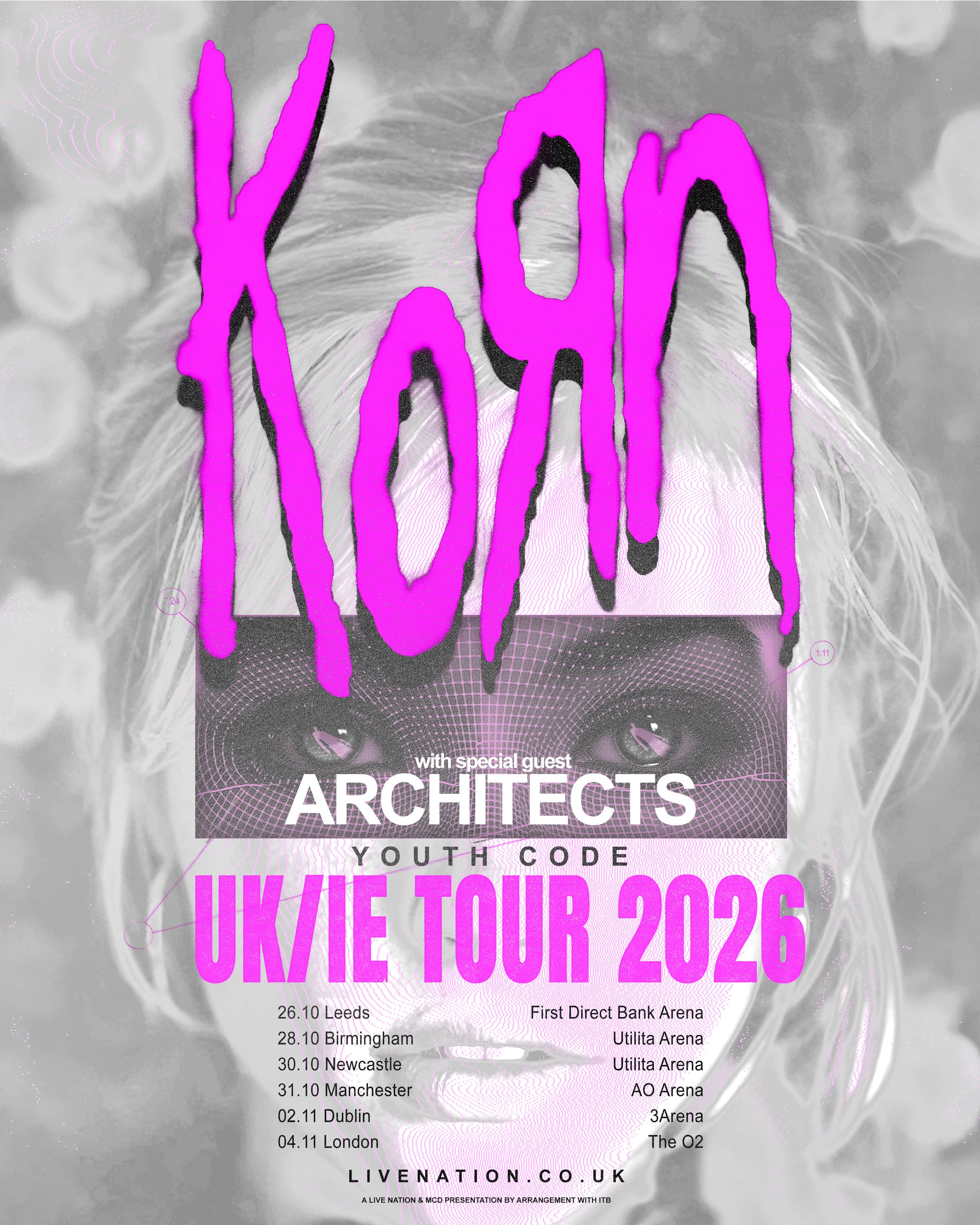 Tour poster featuring pink text for KORN's 2026 UK/IE tour dates, with a dramatic background and concert details.