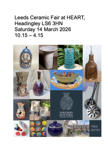 Collage of ceramic artworks and pottery, showcasing vibrant colors and diverse styles, promoting the Leeds Ceramic Fair at HEART.