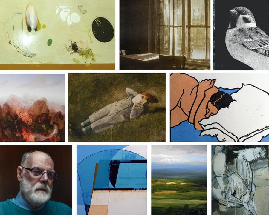 A collage of diverse artworks featuring landscapes, portraits, and abstract pieces, showcasing creativity and expression.