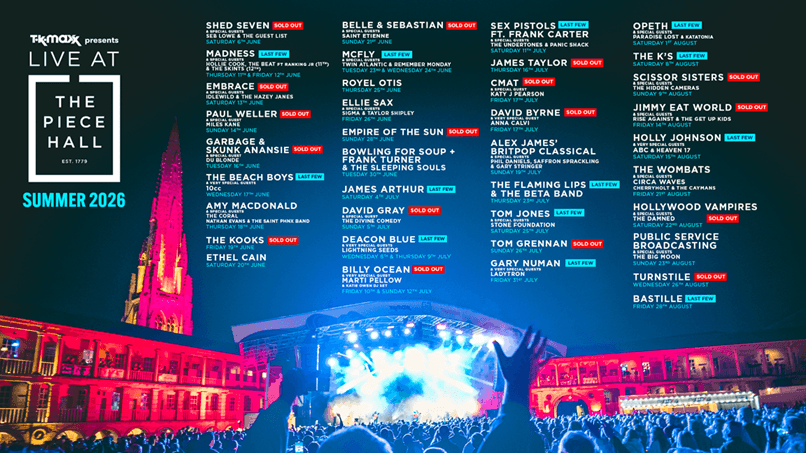 Colorful event poster featuring sold-out summer shows at The Piece Hall, Halifax, with vibrant text and a lively crowd.