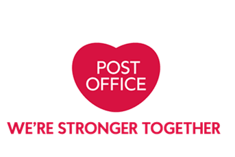 Bright red heart logo with "POST OFFICE" and "WE'RE STRONGER TOGETHER" in bold letters, symbolizing community support.