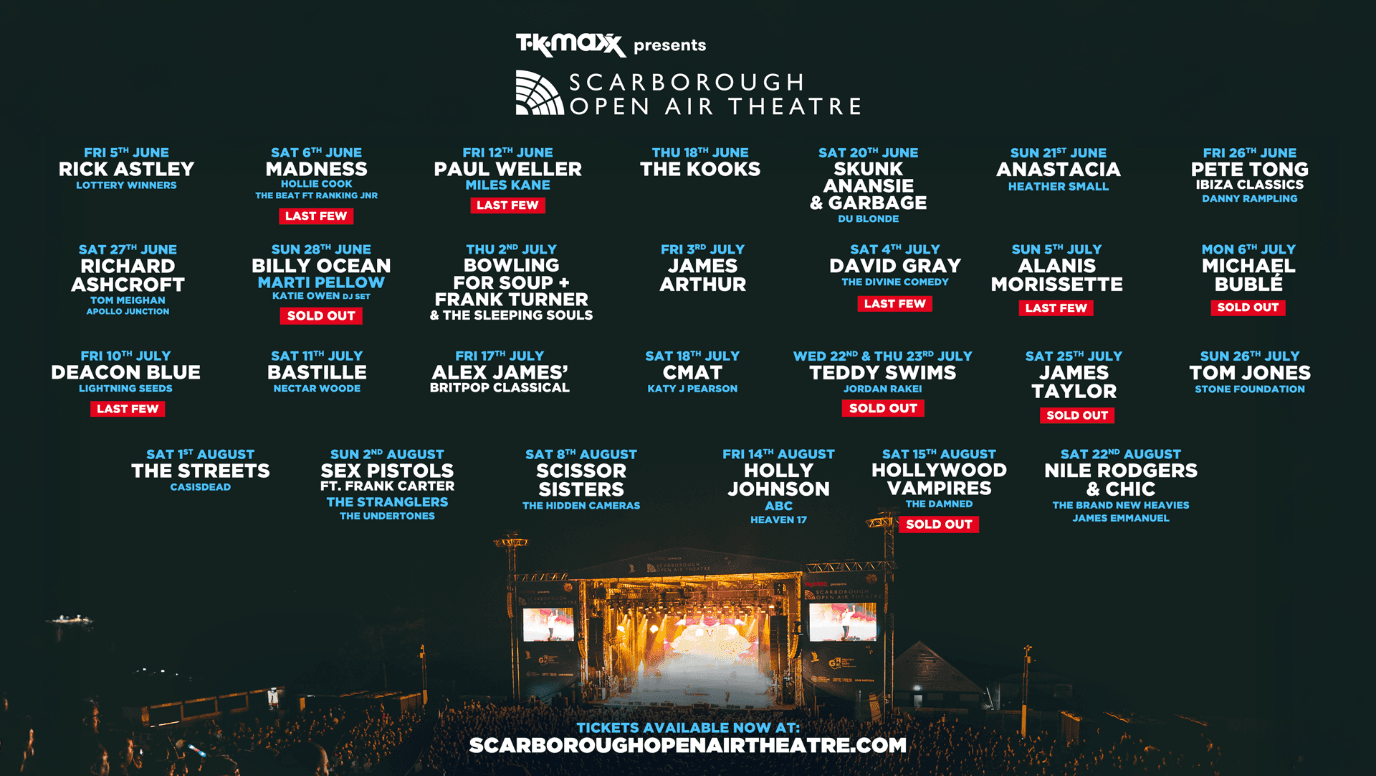 Colorful concert lineup poster for Scarborough Open Air Theatre, showcasing artists and dates against a vibrant stage backdrop.