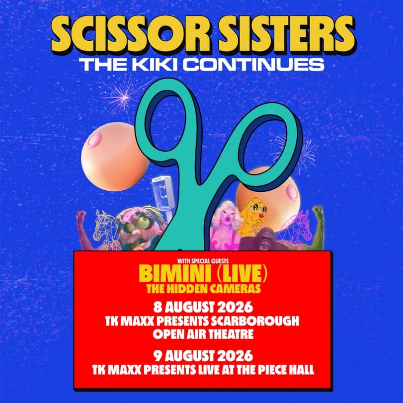 Colorful promotional poster for Scissor Sisters featuring Bimini, with vibrant graphics and event details for Yorkshire shows.