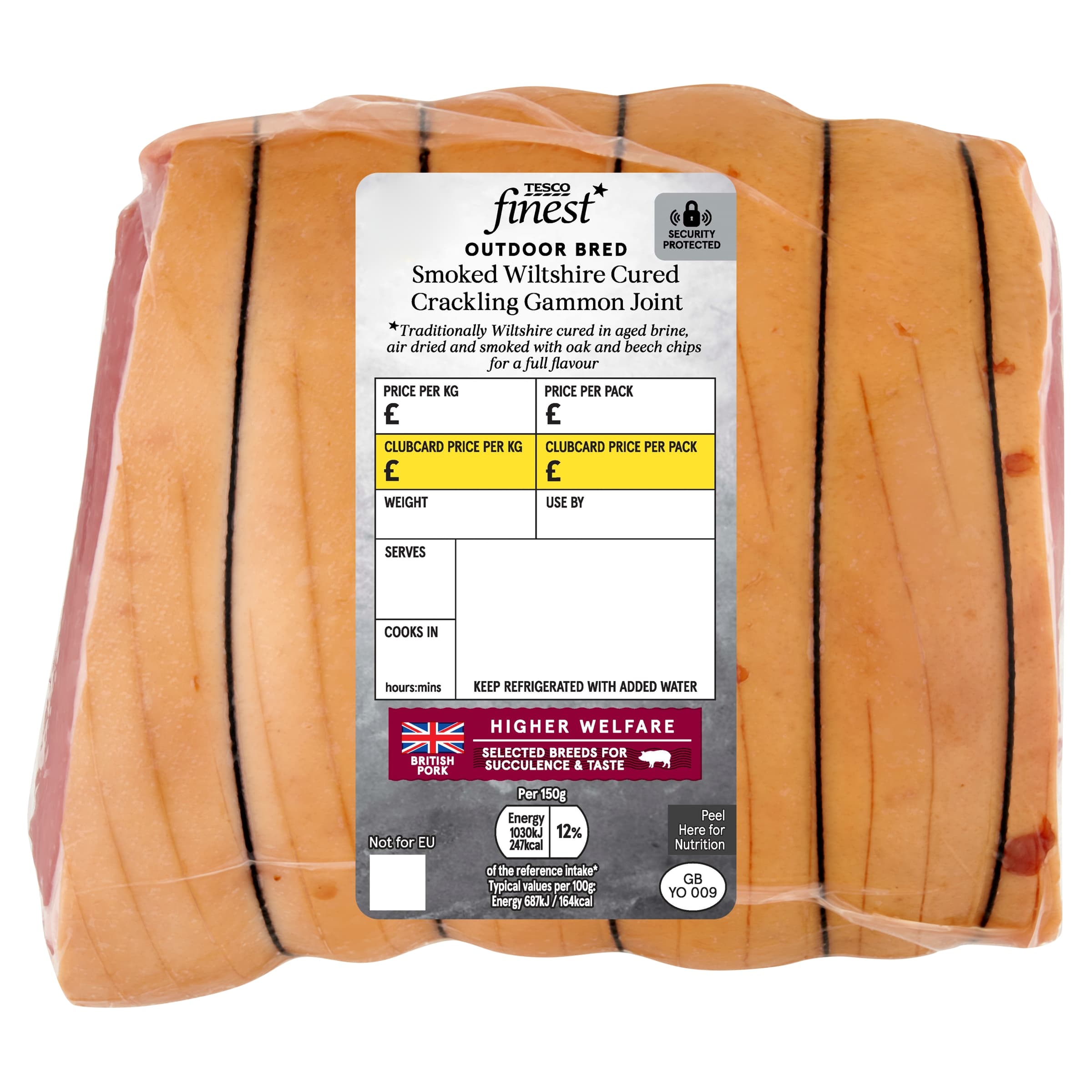 Smoked Wiltshire cured crackling gammon joint packaged with clear pricing labels, displayed on a white background.
