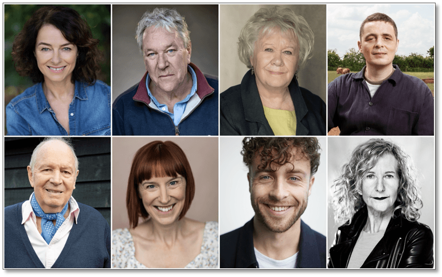 Eight cast members for ‘The Archers: Live at 75’ are featured, showcasing diverse expressions and backgrounds.