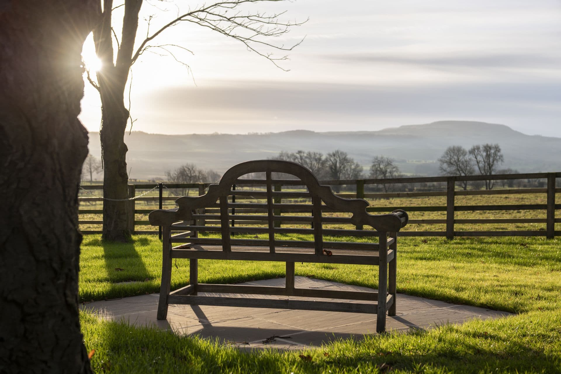 Wooden bench on grassy field overlooking Yorkshire hills