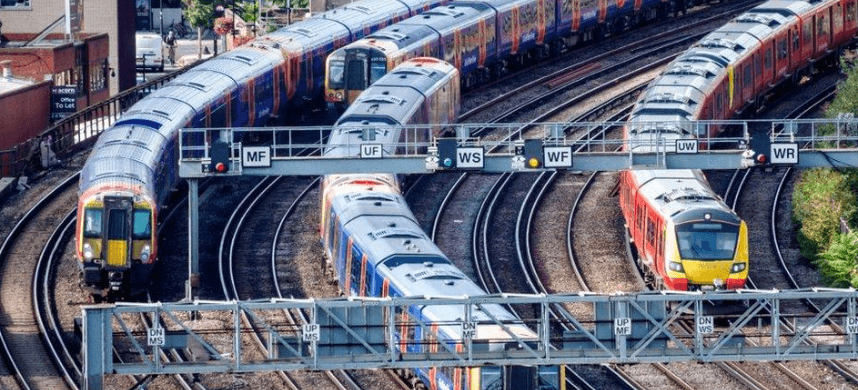 Trains on curved tracks at a busy Yorkshire railway junction