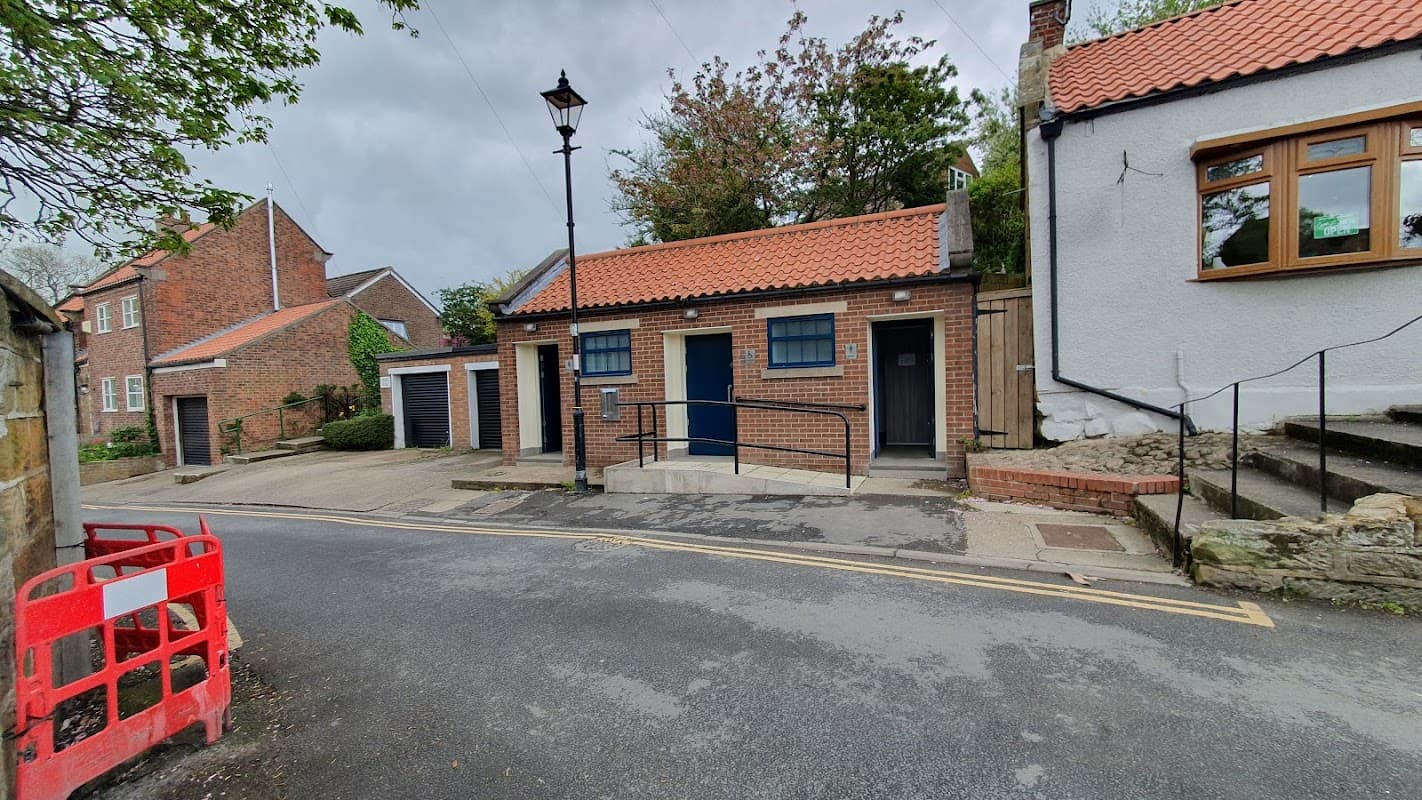 Public convenience building with blue doors, brick walls, and a ramp, situated on a quiet street in Ayton, Yorkshire.
