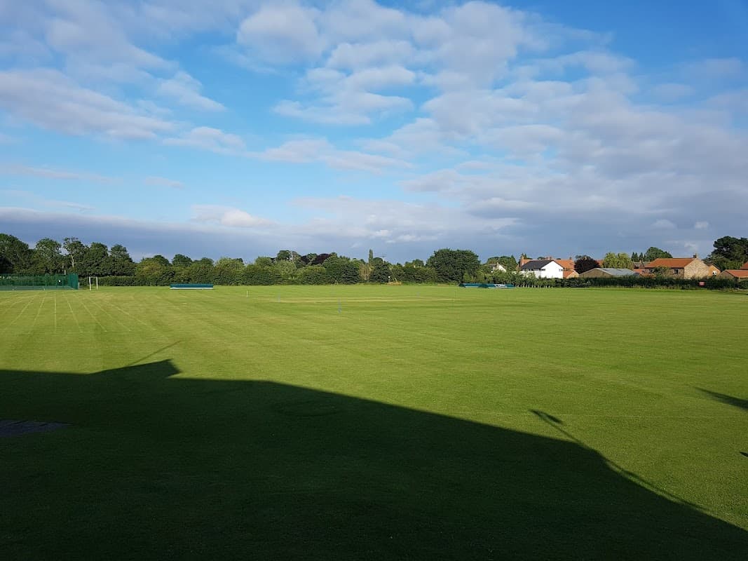 Green grass field with a cloudy blue sky, surrounded by trees and houses in Bishop Monkton, Yorkshire.