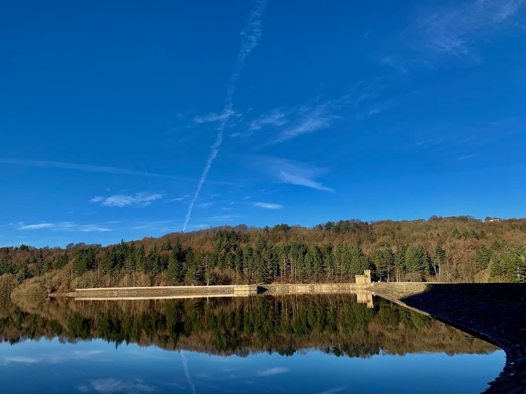 Broomhead Reservoir surrounded by trees under a clear blue sky, reflecting in the calm water.