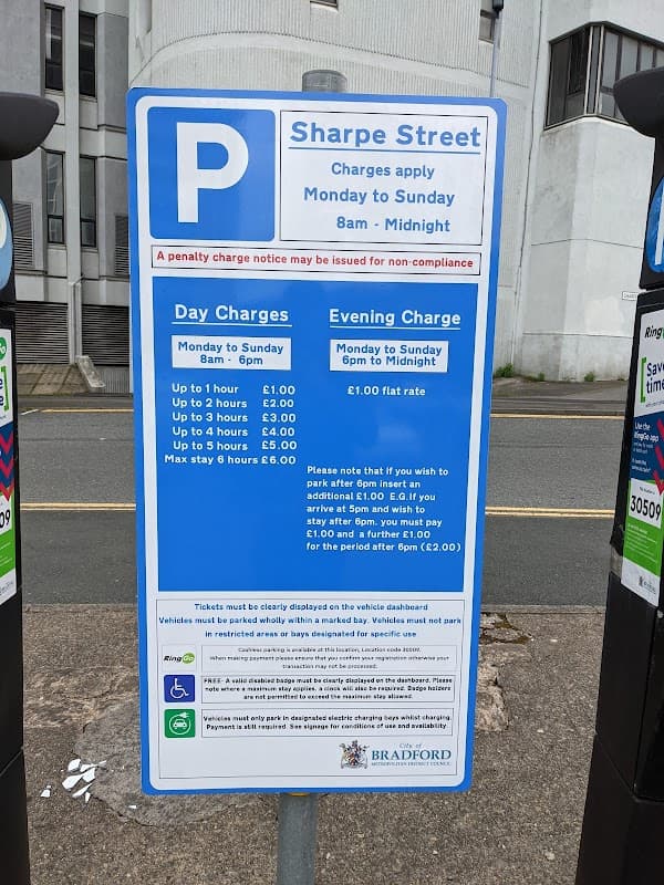 Sign for Sharpe Street Car Park detailing pay and display charges, operating hours, and penalty notice information.