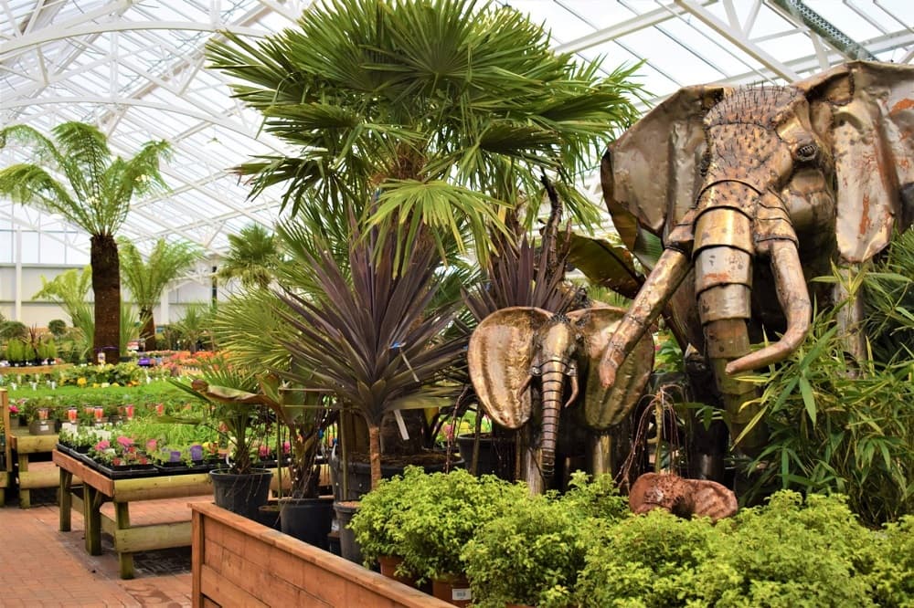 Lush greenery and tropical plants with large elephant sculptures in a bright, airy garden center.