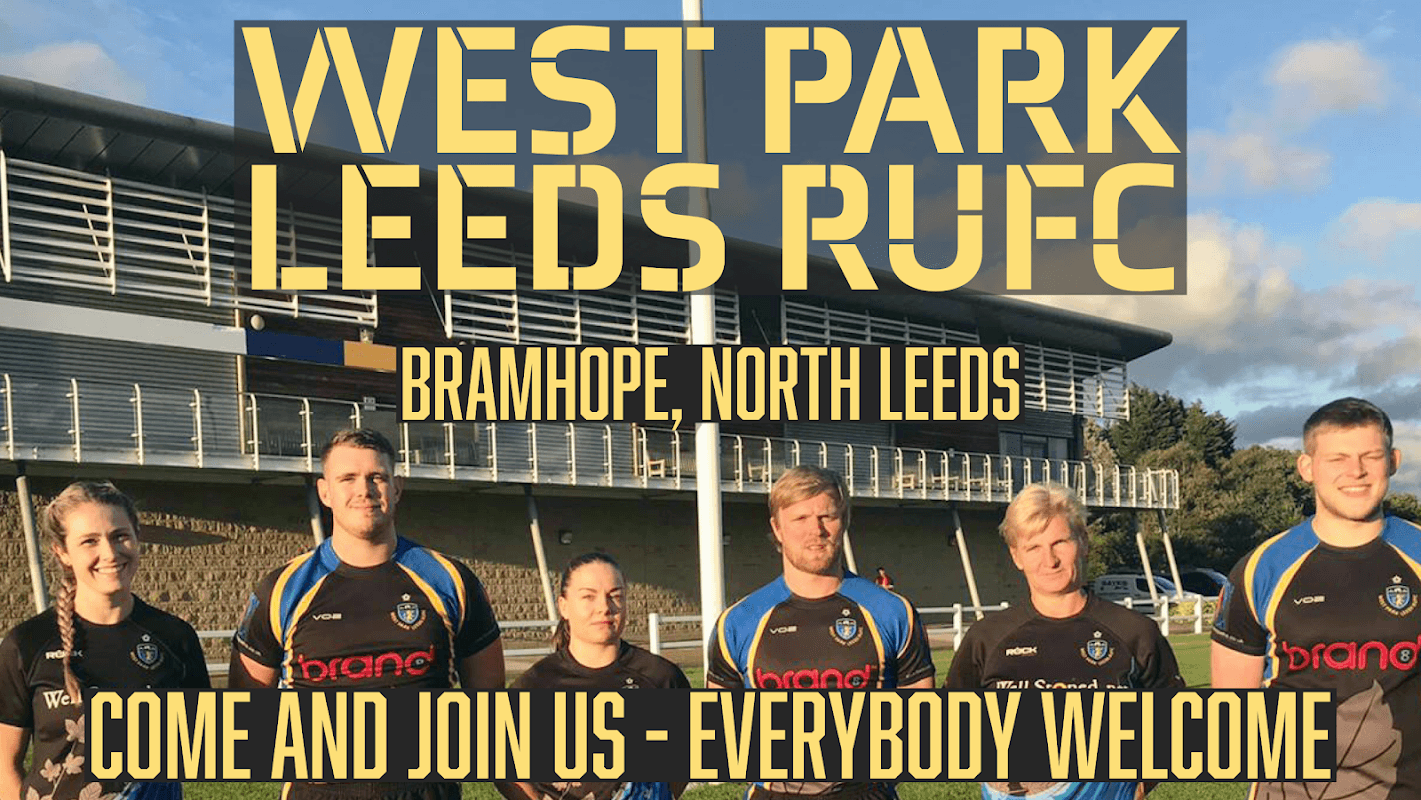 West Park Leeds RUFC sign with a team of players in rugby kits, set against a modern sports facility and blue sky.