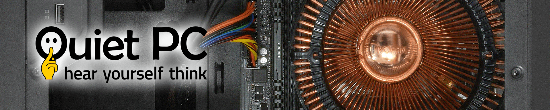 Logo of Quiet PC Ltd with a colorful cable and a copper heatsink, promoting a quiet computing experience.