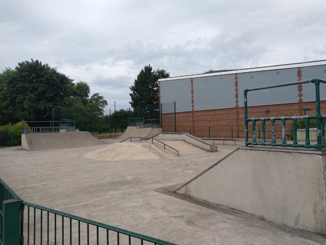 Skate park featuring ramps, rails, and a flat area surrounded by green trees and a low fence.