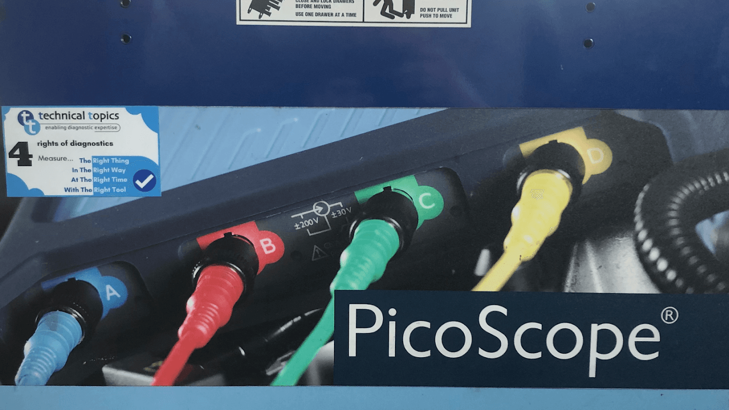 PicoScope branding with colorful diagnostic leads labeled A, B, C, and D, and a technical topics sign.