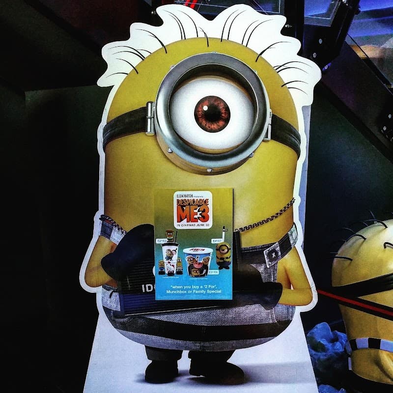 Minion character holding a promotional sign for "Despicable Me 3" at Valley Centertainment in Carbrook, Yorkshire.