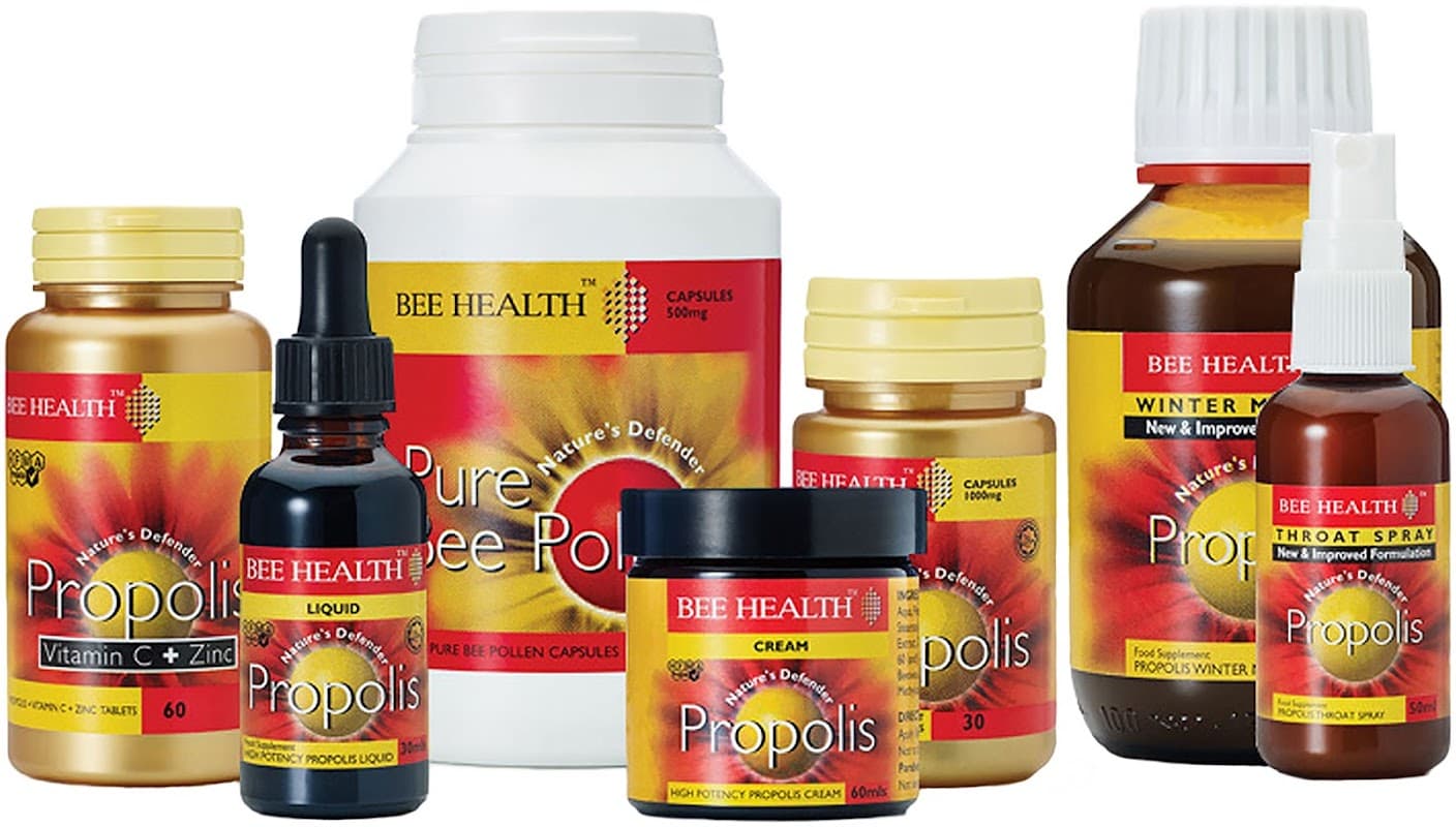 Various Bee Health Propolis products including capsules, liquid, cream, and throat spray, all prominently labeled.