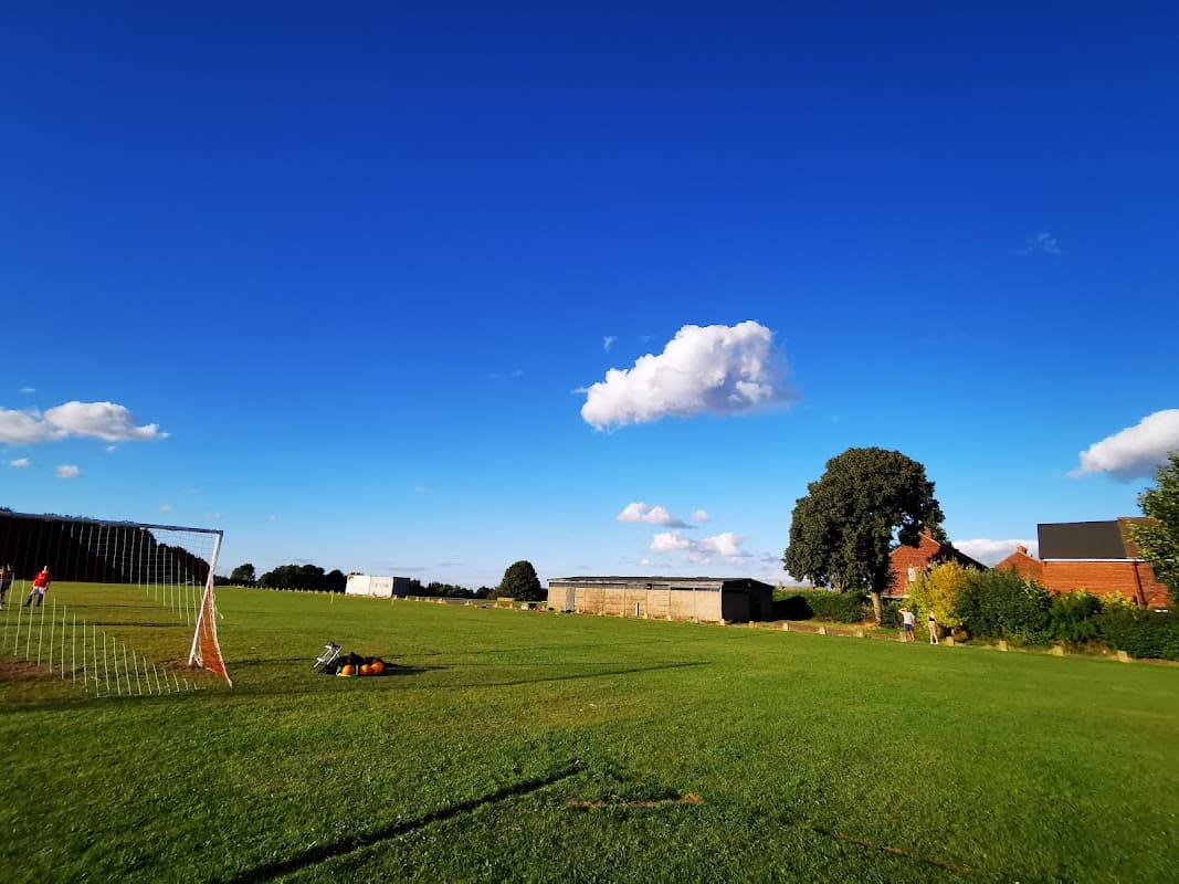 Clear blue sky over a green field with a soccer goal, surrounded by trees and buildings in the distance.