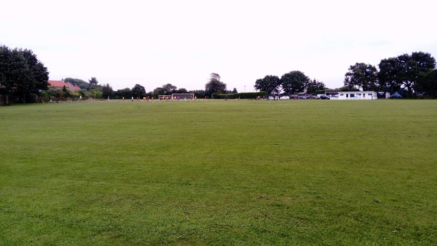 Green football pitch surrounded by trees, with a small building and parked cars in the background.