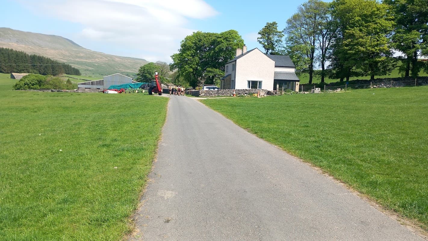 Gravel road leading to a farmhouse and farm buildings, surrounded by lush green fields and trees under a clear blue sky.