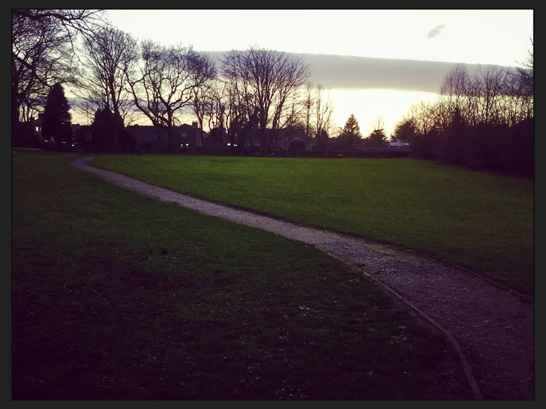Path winding through a grassy field, surrounded by trees under a twilight sky in Collingham, Yorkshire.