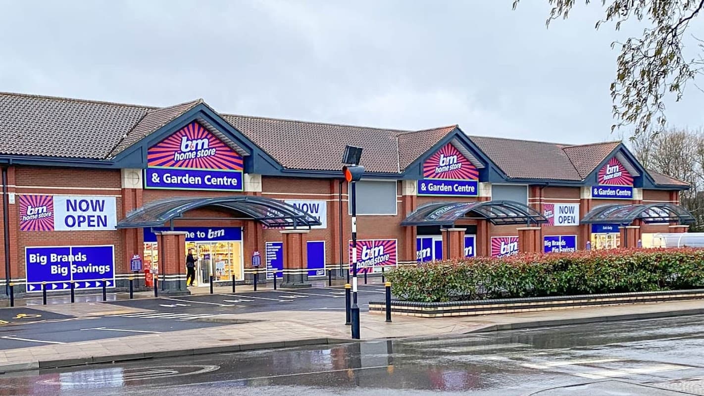 B&M Home Store with Garden Centre features bold signage, large windows, and a landscaped entrance in Colton, Yorkshire.