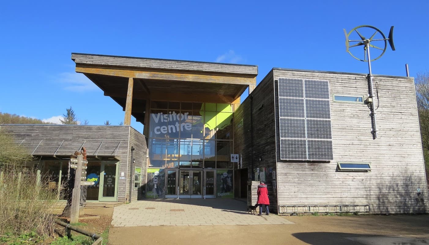Modern visitor center with wooden exterior, solar panels, and a wind turbine, set against a clear blue sky.