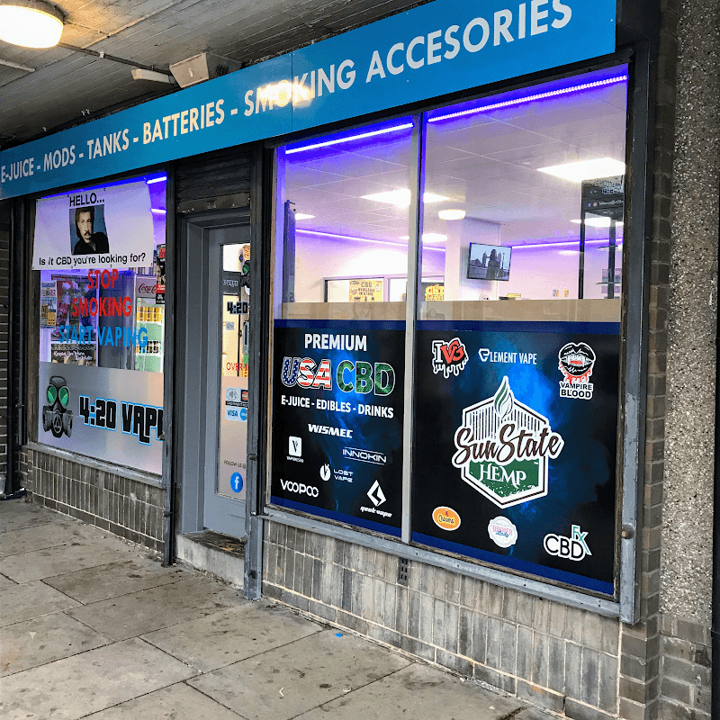 Storefront of 420 Vape Shop featuring e-liquids, vape kits, and CBD products in Dudley Hill, Yorkshire.