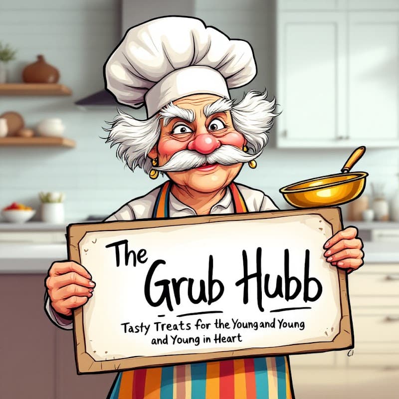 A cheerful chef holds a sign for "The Grub Hub," promoting tasty treats for all ages in a bright kitchen setting.