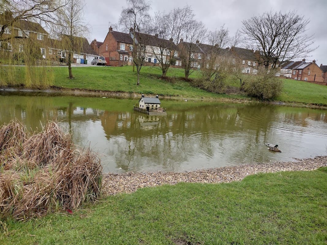Pond with a small house-shaped structure, ducks, and grassy banks, surrounded by residential buildings in Fridaythorpe.