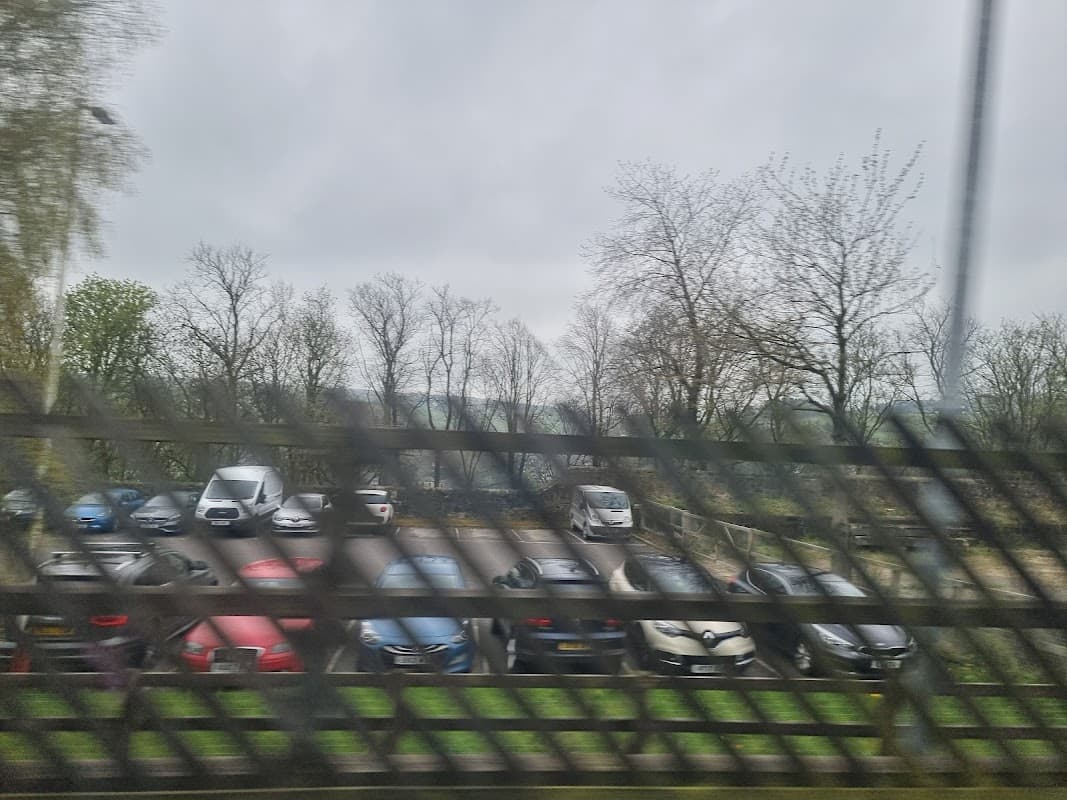 Car park filled with various vehicles surrounded by bare trees under a cloudy sky.