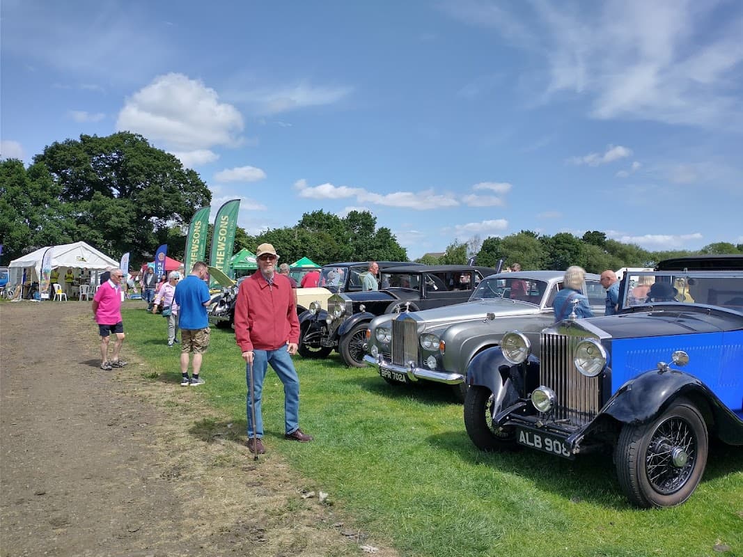 Classic cars lined up in a grassy area with people walking around, tents in the background, under a blue sky.