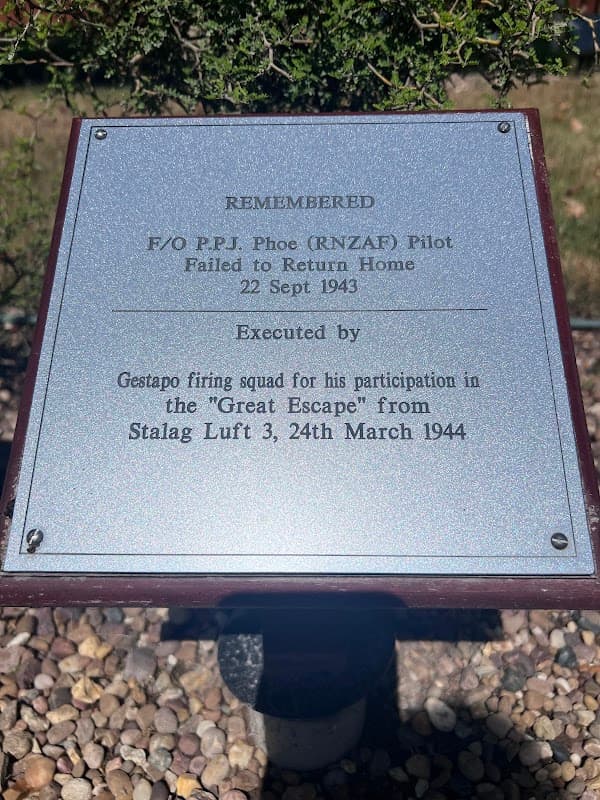 Plaque honoring F/O P.J.P. Phoe, pilot, commemorating his execution by Gestapo for participation in the "Great Escape."