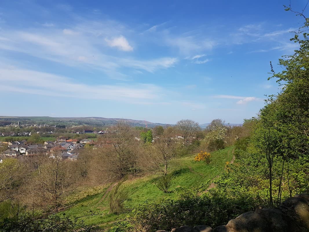 Lush green hills and trees overlooking a town, with a clear blue sky and distant hills in the background.