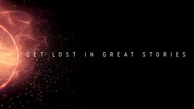 "Text reads 'GET LOST IN GREAT STORIES' with a cosmic background of swirling colors and light."
