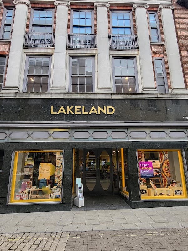 Lakeland gift shop in Harrogate, featuring large windows displaying colorful products and a stylish entrance.
