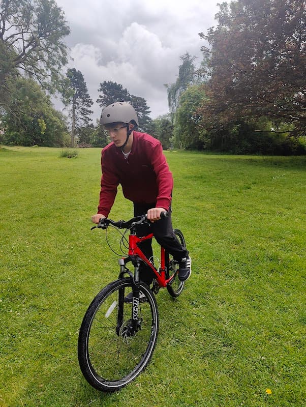 A person in a helmet rides a red bike on grassy terrain, surrounded by trees under a cloudy sky.
