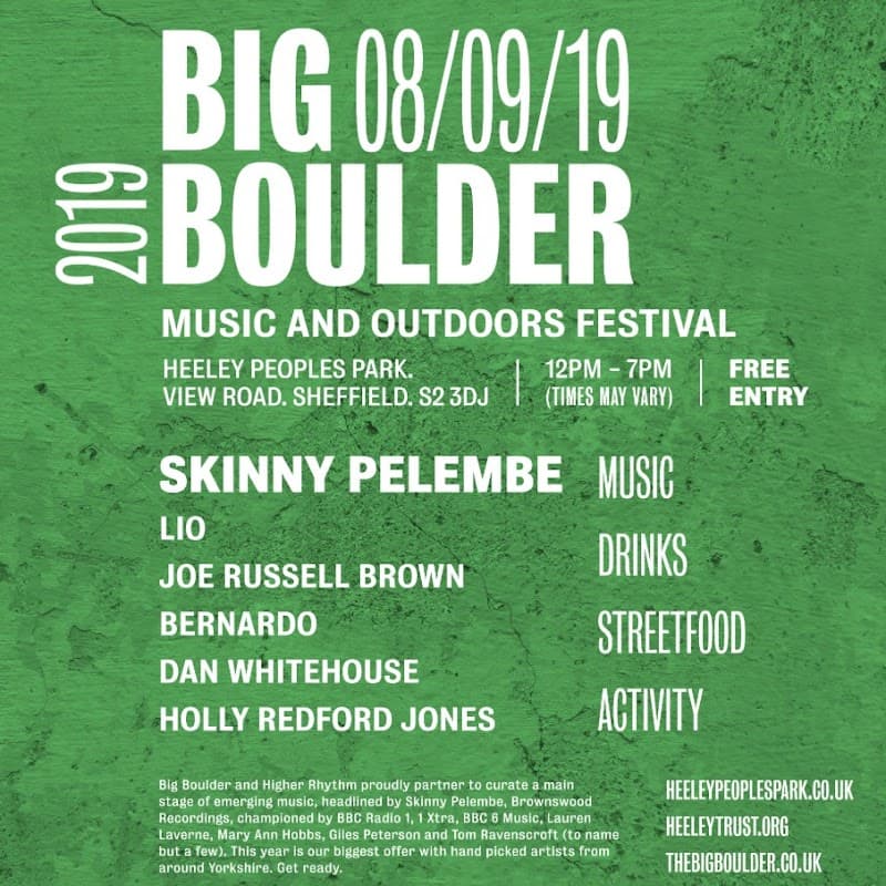 Event poster for Big Boulder Festival at Heeley People's Park, featuring music acts and food vendors with event details.