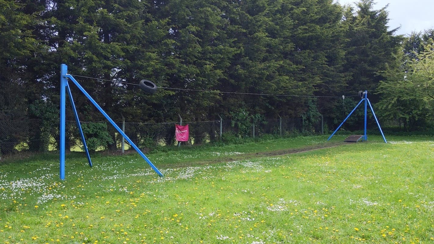 Playground with a tire swing and blue frame, surrounded by green grass and trees in Hensall, North Yorkshire.