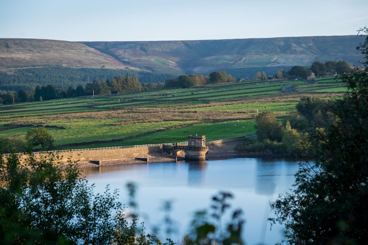 Scenic view of Digley Reservoir with green hills and trees, reflecting calm water under a clear blue sky.