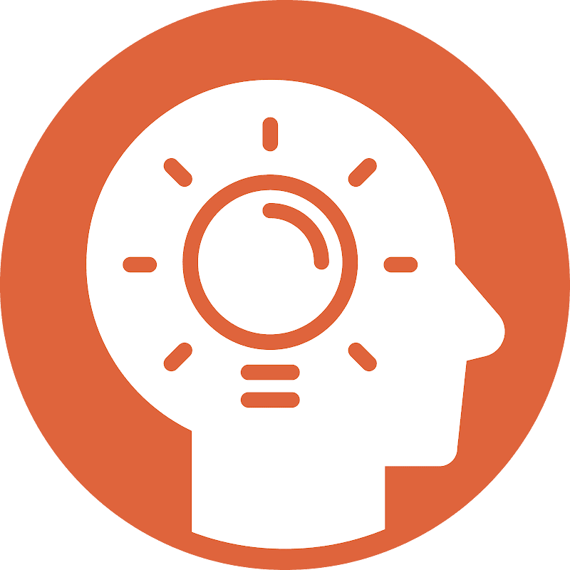 Logo featuring a profile silhouette with a light bulb, symbolizing ideas and education, set against an orange background.